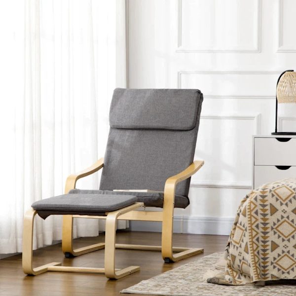 Rootz Lænestol med fodskammel - Lænestolssæt - Afslapningsstol - Linnedlook - Massivt træ - Grå + Natur - 66,5W x 80D x 99H cm