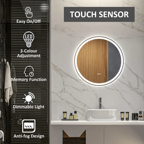 Rootz LED Badrumsspegel - Rund - Touchfunktion - Minnesfunktion - Ingen imma - Aluminiumram - Vit+Silver - 60 x 60 cm