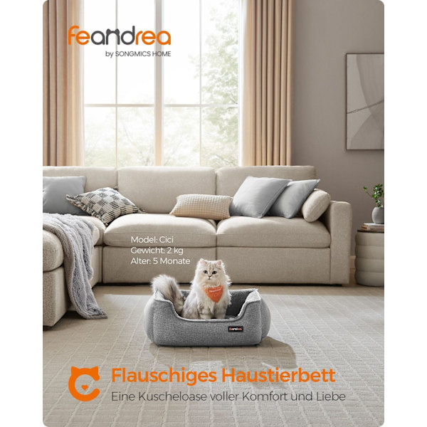 Rootz lysegrå hundeseng - kæledyrsseng - polstret måtte - imiteret linned - plys - PP polstring - skridsikkert stof - 60 cm x 50 cm x 21 cm