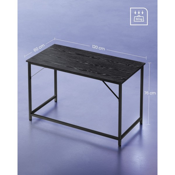 Rootz Black Desk - Skrivbord - Studiebord - Spånskiva och stål - Rymlig yta - Enkel montering - 60cm x 120cm x 76cm
