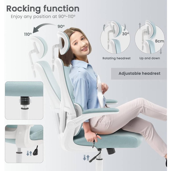 Rootz Ergonomic Office Chair - Mesh Skrivbordsstol - Svankstöd - Gungfunktion - Justerbart nackstöd - 62cm x (116-123,5)cm x 69,5cm
