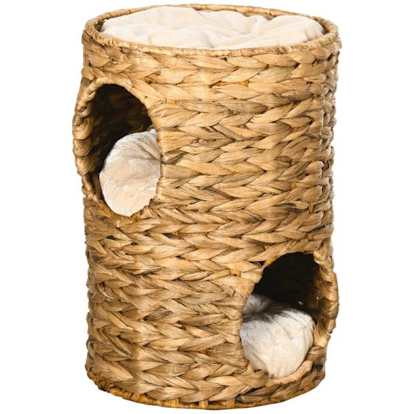 Rootz Cat Tower - Skrapstolpar - Kattgrotta med 2 separata grottor - 1 liggyta - Vattenhyacint - Naturlig - 32L x 32W x 47H cm