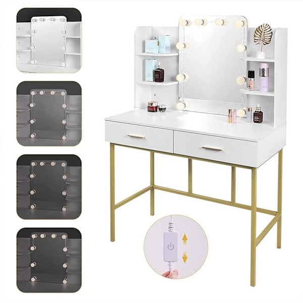 Rootz Sminkbord med spegel - Sminkbord - Sminkbord - Gott om förvaring - Justerbar LED-belysning - Hållbar konstruktion - 45 cm x 136 cm x 90 cm