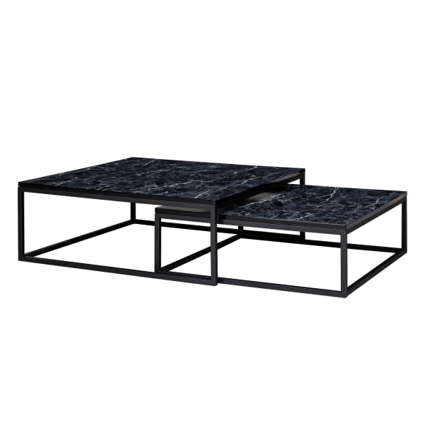 Rootz Design Set med 2 Black Marble Optics Angular - Soffbord 2-delad metallram - Nobla vardagsrumsbord - Moderna häckbord