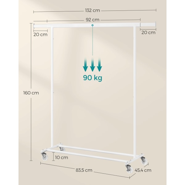 Rootz Classic White Tøjstativ - Beklædningsstativ - Rullegarderobe - Stålkonstruktion - PP-hjul - Justerbar højde - 45,4 cm x (92-132) cm x 160 cm - L