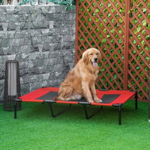 Rootz Hundeseng - Sammenfoldelig - Udendørs Hundeseng - Hævet stativ - Barneseng til kæledyr med åndbart mesh - Rød + Sort - 122 cm x 92 cm x 23 cm