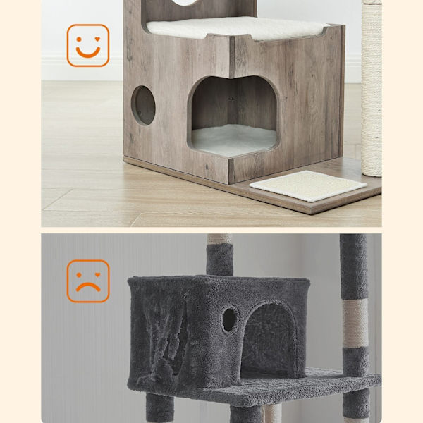 FEANDREA kattskrapstolpe - Katttorn - Kitty Condo - Mysig grotta - Sisallindad stam - Plyschkuddar - Skrapmatta - Greige Vit - MDF - 66cm x 40cm x 86c