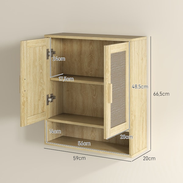 Rootz Wall Mount Badeværelse Skab - Vægskabinet - Boho -opbevaring - Fugtbestandig rottingdøre - 59 cm x 20 cm x 66,5 cm - Brun