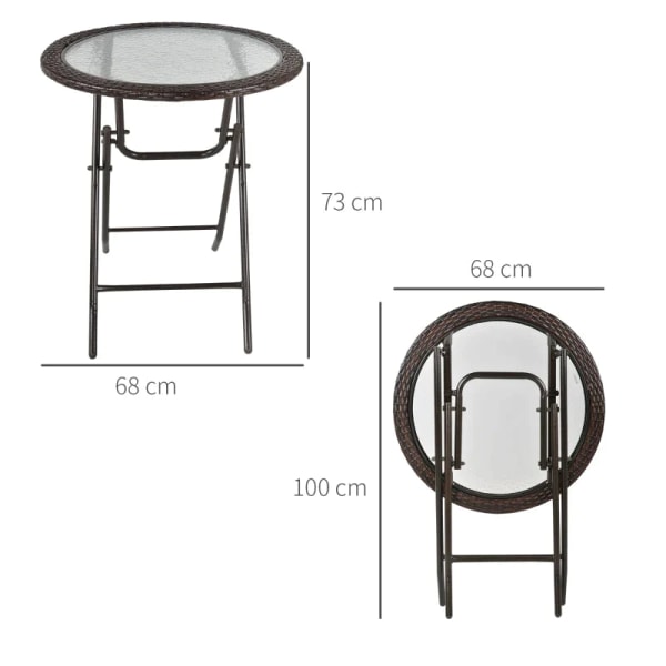 Rootz Havebord - Folderundt - Hærdet glas - Bordplade - Stålstel - Rattan Decor - Brun - 68 x 68 x 73 cm