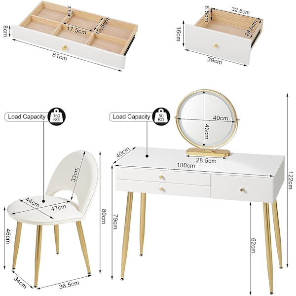 Rootz justerbart sminkbordsset - Sminkbord med pall - Sminkbord med LED-spegel - Ergonomisk komfort - Gott om förvaring - Robust design - 100 cm x 122