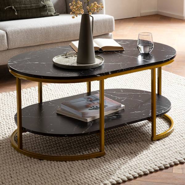 Moderne rektangulært sofabord - Sort og guld - Marmorlook - Afrundede hjørner - 100 cm x 60 cm x 45 cm - Opbevaringsområde - Robust metalstel - Elegan
