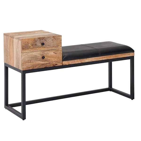 Rootz bänk getskinn - massivträ bänk 100x60x35 cm i retrostil - Hall klädd bänk metall med förvaringsutrymme - Vadderat läder bänk förvaring svart - L