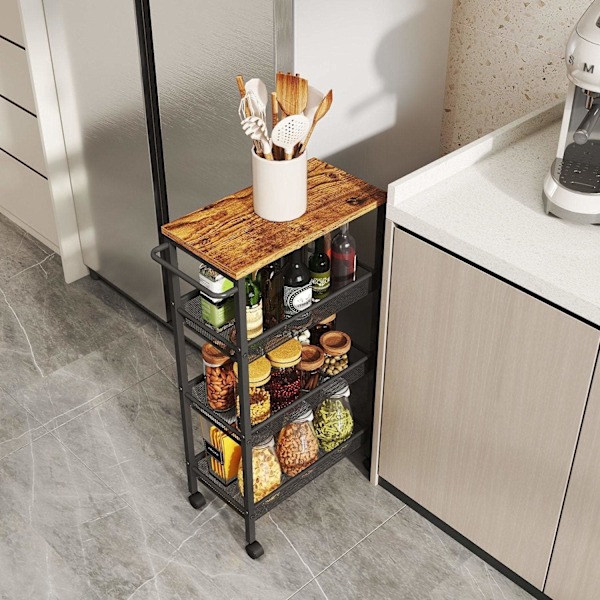 Rootz 4 Level Troting Trolley - Kitchen Cart - Mal Nisch Shelf - Vintage Brown Black - Rymdräddande design - 22 x 45,4 x 77 cm