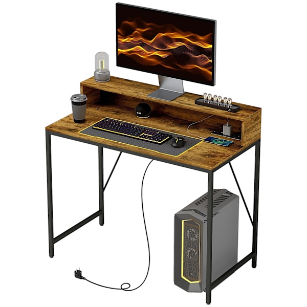 Rootz Computer Table - Pöytä Monitor Alue - Home Office Desk - USB & Type -C -yhteydet - 100L x 50b x 90,5h cm - maalaismainen ruskea