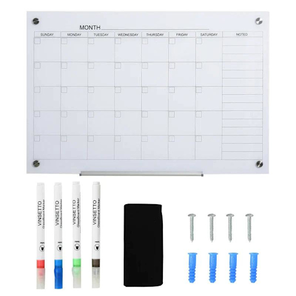 Rootz Whiteboard - Tavlekalender - Organisering af ferieplaner og månedlig planlægning - 1 penneholder - 4 tuscher og viskelæder - 90 x 60 cm