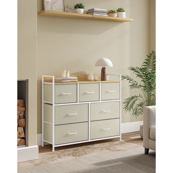 Rootz White 6-skuffers kommode - Trækiste - Stofskuffefronter - Spånplade - 28,5 cm x 98 cm x 85 cm - Organizer - 6 skuffer