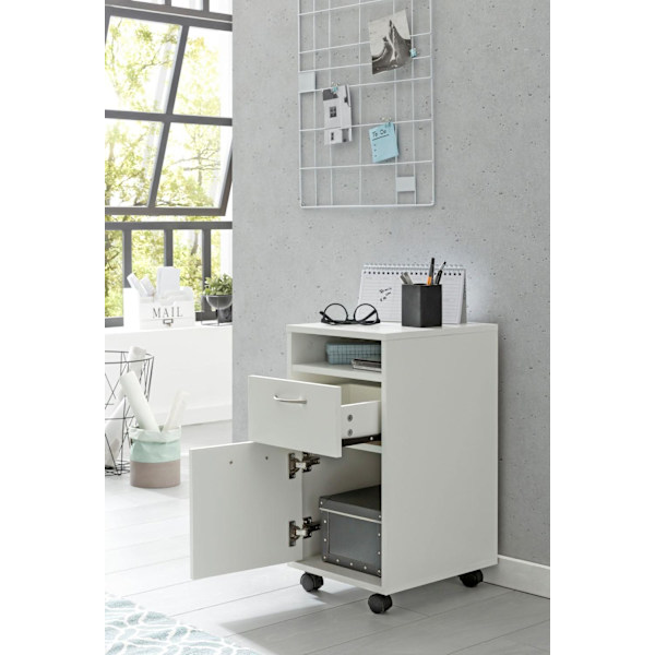 Rootz rullecontainer hvid 33x63x38 cm skrivebordsunderskab træ - Rullekommode Moderne - Kontorcontainerskuffeskab med låge - Lille skrivebordsskab med