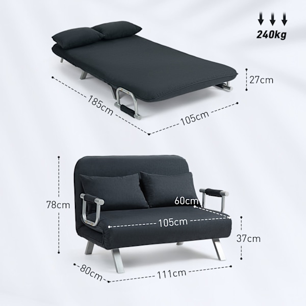 ROOTZ 2 -SEATER SOFA BED - KONVERTIBELSE SOCIE - SLEEPER SOFA - 5 -vejs justerbar komfort - 111x80x78 cm - sort efterligning, stålramme, puder inklude