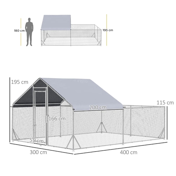 Rootz Bantam Chicken Coop - Väderbeständig - Walk-in Coop - Hönshus med tak - Stål - Silver - 400cm x 300cm x 195cm