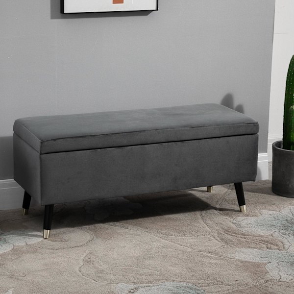 Rootz Hocker - Taburet - Skobænk - Opbevaringsboks - Gummitræ - Antracit - Grå - Stof - 110 x 43 x 45 cm