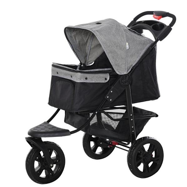 Rootz Dog Buggy - Cat Buggy - Hundvagn - Husdjursvagn med 3 hjul - Fällbar - Justerbar kapell - Oxford - Grå/Svart - 109,5 x 57,5 x 106,5 cm