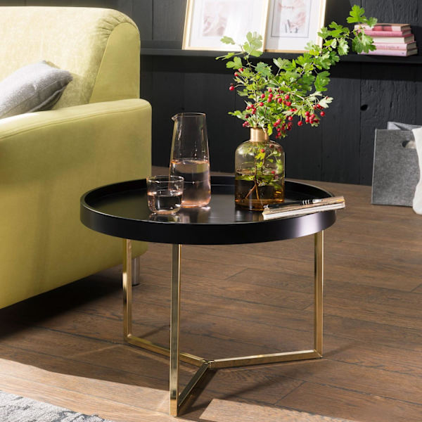Rootz soffbord 58,5x42x58,5cm svart - guld soffbord metall runt - Designer retro soffbord modernt - Litet loungebord med metallram - Runt brickbord me