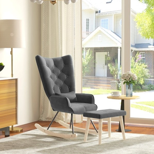Rootz Lounge Stol och Pall Set - Modern Fåtölj - Klädd vilstol - Sammetsstoppning - Gummiträben - Mörkgrå - 66cm x 96cm x 101cm