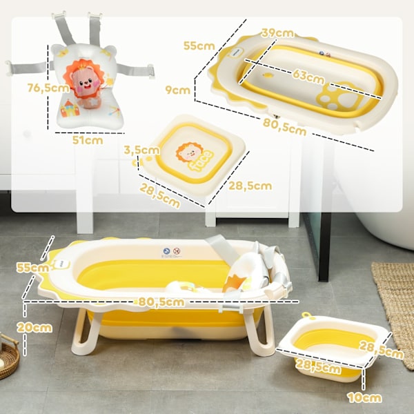 Rootz Foldbart babybadekar - Vask - NU -SLIP BOADTUB - Komfortabel badekude - 80,5 cm x 55 cm x 20 cm (gul)