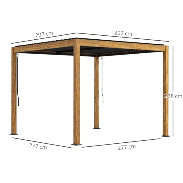 Rootz Pergola - Puutarhapaviljonki - Sälekatto - Käsikampi - Maapiikit - Alumiini - Puu - Alumiini - Musta - Luonnollinen - 297L x 297L x 228K cm