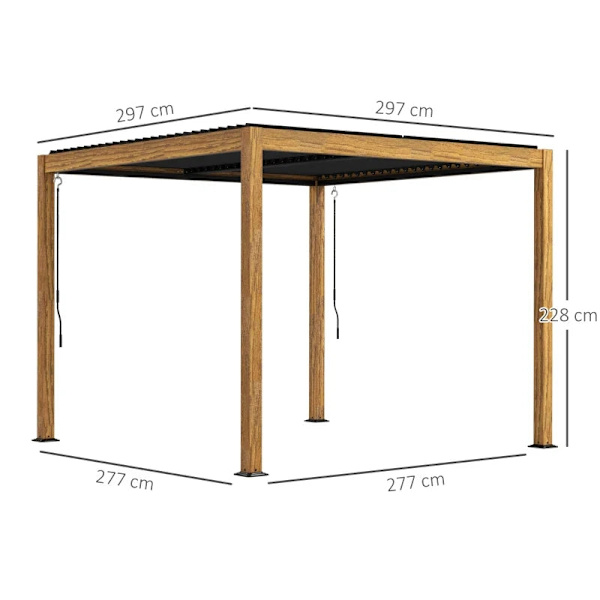 Rootz Pergola - Trädgårdspaviljong - Lamelltak - Handvev - Markspetsar - Aluminium - Trä - Aluminium - Svart - Naturlig - 297L x 297W x 228H cm