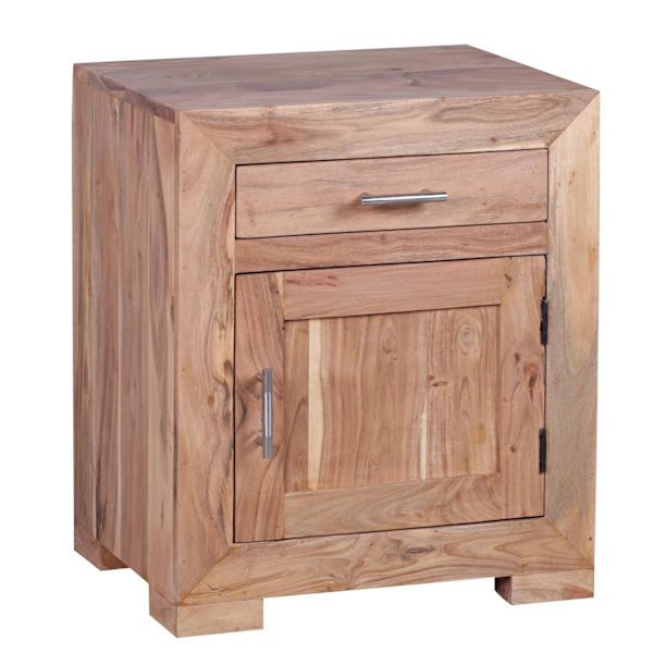 Rootz sengebord massivt træ akacie design sengebord 60 cm med skuffe og dør sengebord til boxmadrasser