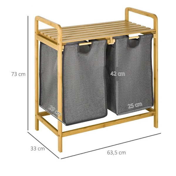 Rootz Bamboo Tvättkorg - Tvättkorg med hylla - Utdragspåsar för sovrum - Badrum - Tvättstuga - Grå - 64 x 33 x 73 cm