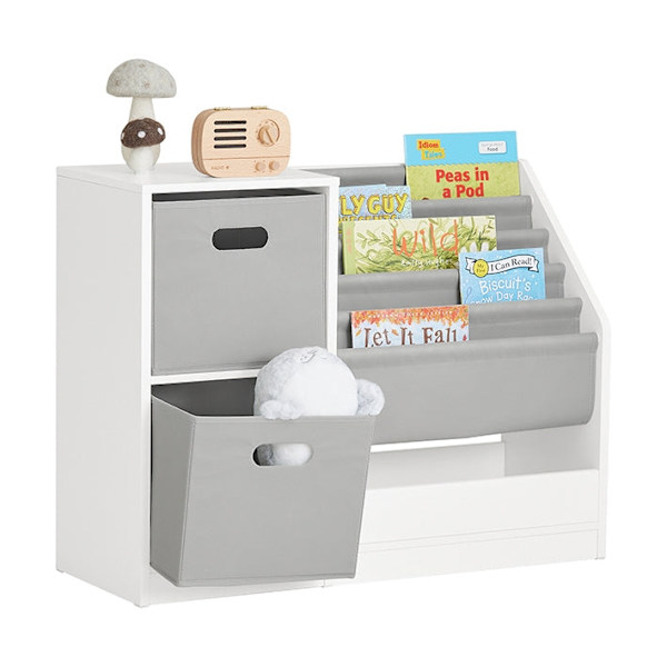 Rootz børnebogreol - Legetøjsopbevaring - Børne reol - Holdbart PB(E1) materiale - 5 rum - Etiketvenlige stofbeholdere - 80 cm x 61 cm x 30 cm