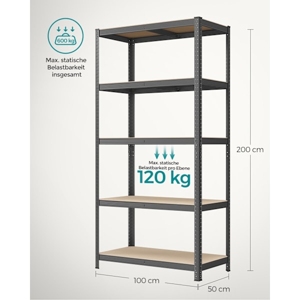 Rootz förvaringshylla - Metallställ - Hög arrangör - Grå - Pulverlackerat stål - MDF - 50 cm x 100 cm x 200 cm - 120 kg Kapacitet