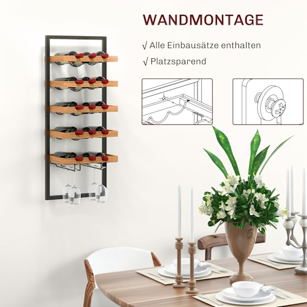 Rootz Wall Wine Rack - Bottle Holder - Glass Holder - Space Saving Design - 35 cm x 25cm x 86 cm - Pine Steel Home Bar Kitchen Brown