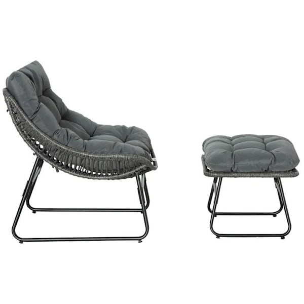 Rootz Rattan Relax Stol med fotpall - Trädgårdsstol - Utomhusstol med rotting med dyna - Stål - Polyester - Grå - 69 x 76 x 70 cm