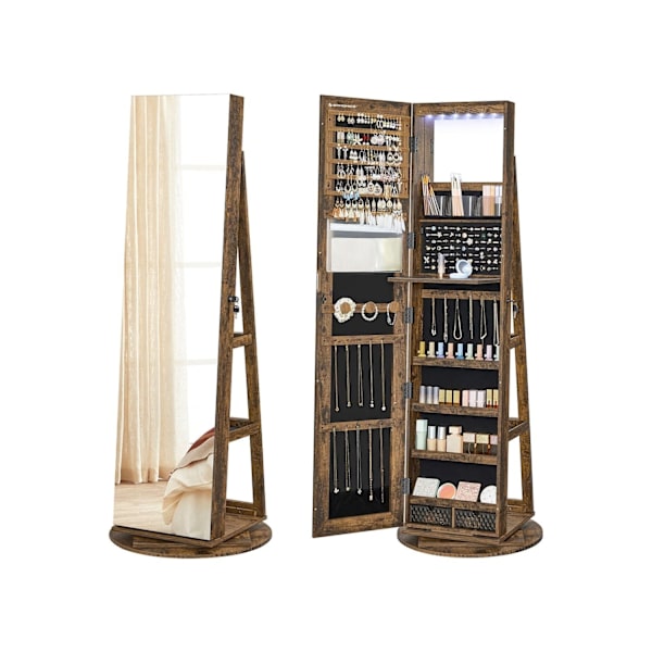 Rootz Smyckesskåp - Vintage Brun - Svart foder - MDF stål sammetsglas - Stor förvaringskapacitet - Innerspegel - Säkert lås - 54,5 cm x 54,5 cm x 162