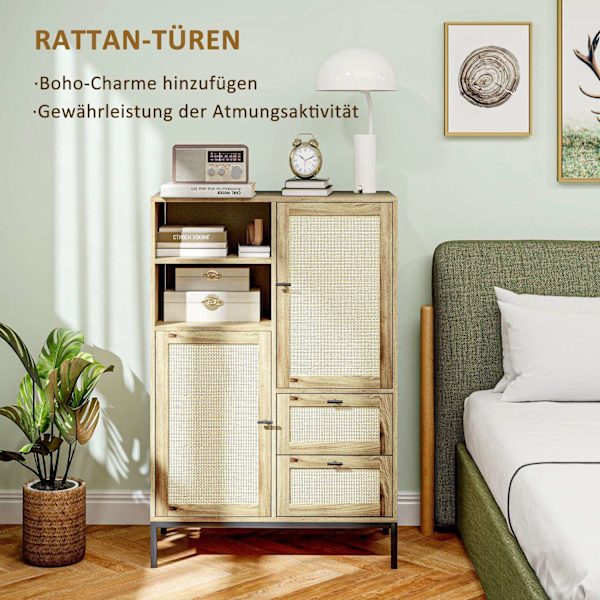 Rootz -säilytyskaappi - joustavat rintakehät - laatikot - säädettävät hyllyt - rottinki -ovet - helppo puhdistus - 80w x 40d x 120h cm