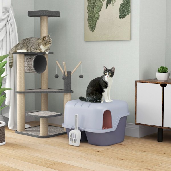 Rootz Cat Litter Box With Lock och Scoop - Pet Litter Pan - Easy Clean Kitty Toalett - 50 cm x 50 cm x 39 cm - Låsbar och elegant grå