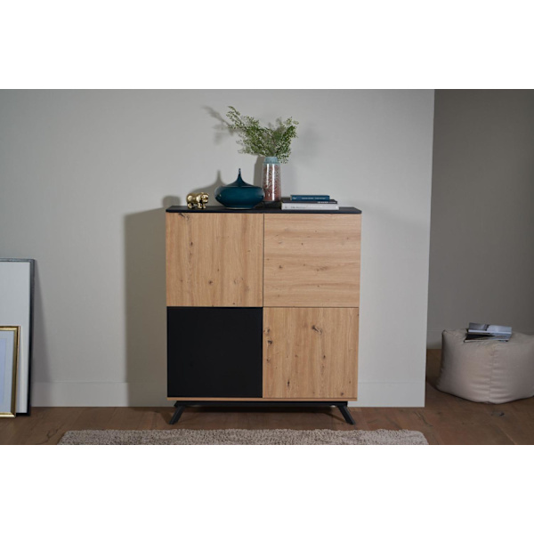Rootz highboard 110x125x40 cm MDF skænk i egetræsindretning - sort - kommode med 4 låger - Kommode skab hall skab moderne - Fritstående skænk med meta