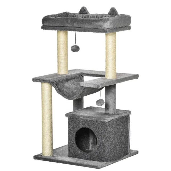 Rootz Cat Tree - Skrapstolpe med hängmatta - Lekträd - Cat Cave - Cat Climbing Tree - Plysch Sisal - Grå - 48L x 48W x 90H cm