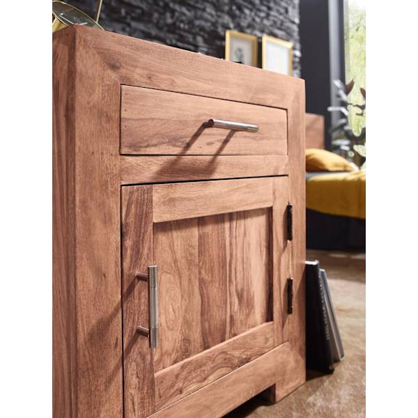 Rootz sengebord massivt træ akacie design sengebord 60 cm med skuffe og dør sengebord til boxmadrasser