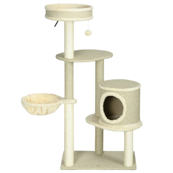 Rootz Kradsestolpe - Kattetræ - 1 Katteseng - 1 Kattehule - 2 liggeområder - Spånplade - Imiteret linned - Brun + Beige + Hvid - 124 cm x 59 cm x 40 c