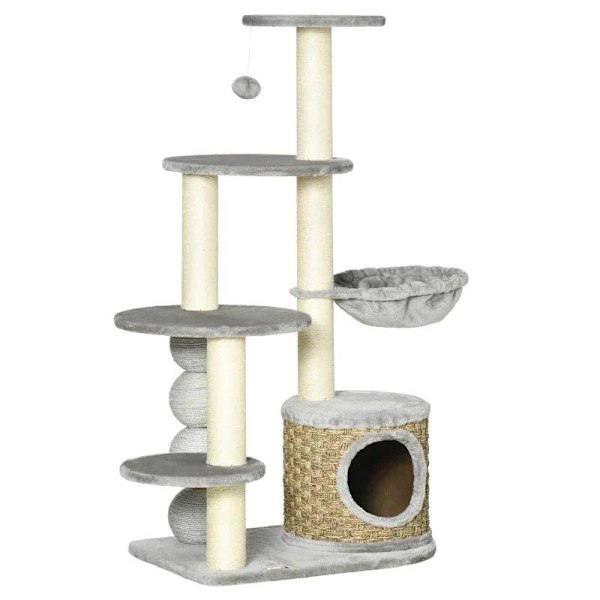 Rootz Skrapstolpe - Kattklättertorn - Kattträd - Kattgrotta - Kattsäng - Med hängande boll - Ljusgrå - 60cm x 40cm x 115,5cm