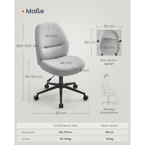 Rootz Dove Grey skrivbordsstol - Kontorsstol - Stålbas - Bomull-linneblandning - Ergonomisk sits - 59cm x 62cm x (86,5-94,5)cm