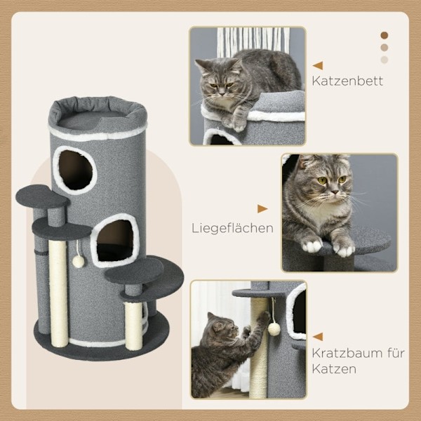 Rootz PawHut Cat Tree - Ultimate skrapstolpe - Cat Climbing Tower - Multi-Level - Slitstarkt Sisal-rep - Mjukt plyschtyg - Ø57 x 99H cm