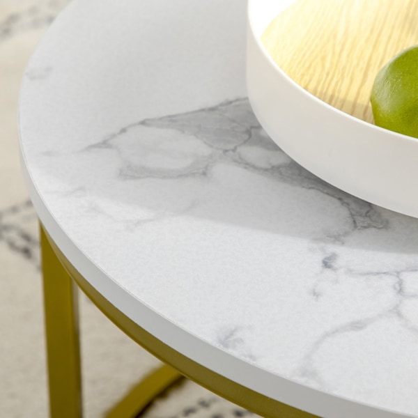 Rootz Marble Look Side Table Set - Safettabeller - häckta bord - Rymdbesparande, lätt att rengöra - Ø74 & Ø59 cm - White & Gold Finish