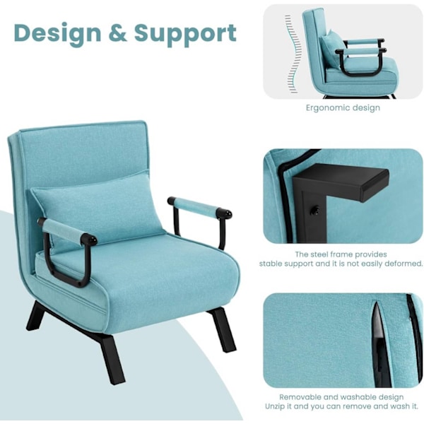 Rootz Cabriolet Sängstol - 3 i 1 soffstol - Fällstol - Justerbart ryggstöd - Högresiliensskum - Kompakt design - 65cm x 78cm x 75cm