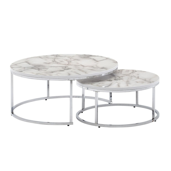 Rootz soffbordsset om 2 soffbord i vit silvermarmorlook runt modernt - Sidobord 2-delat metall - Runda vardagsrumsbord - Designa häckbord