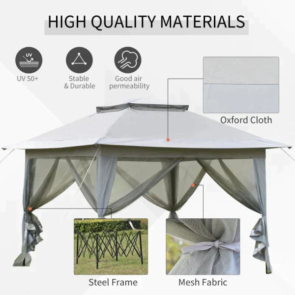 Rootz Folding Pavilion - Pop-up Tent - Garden Pavilion - Roller Bag - Steel + Oxford + Mesh - Grey - 3.64 x 3.64 x 2.94 m